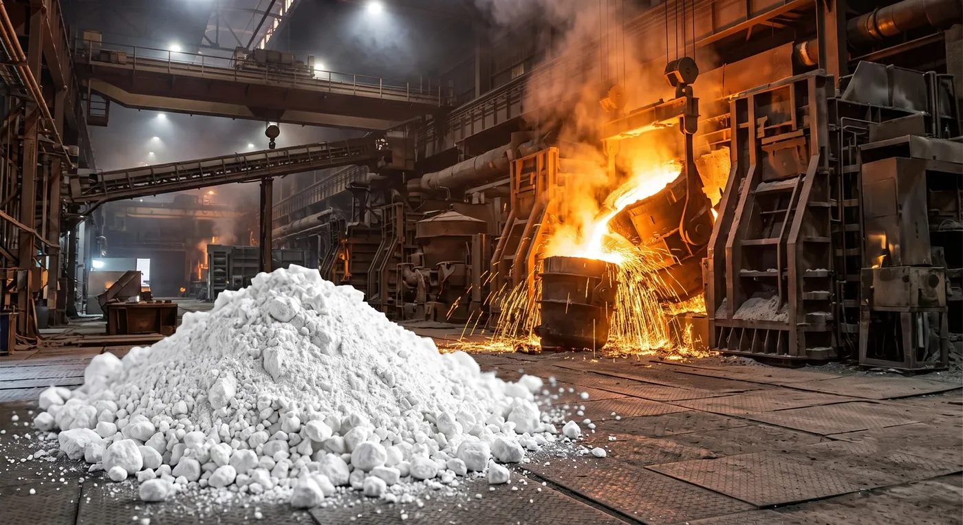 Quicklime beside a steel furnace pour