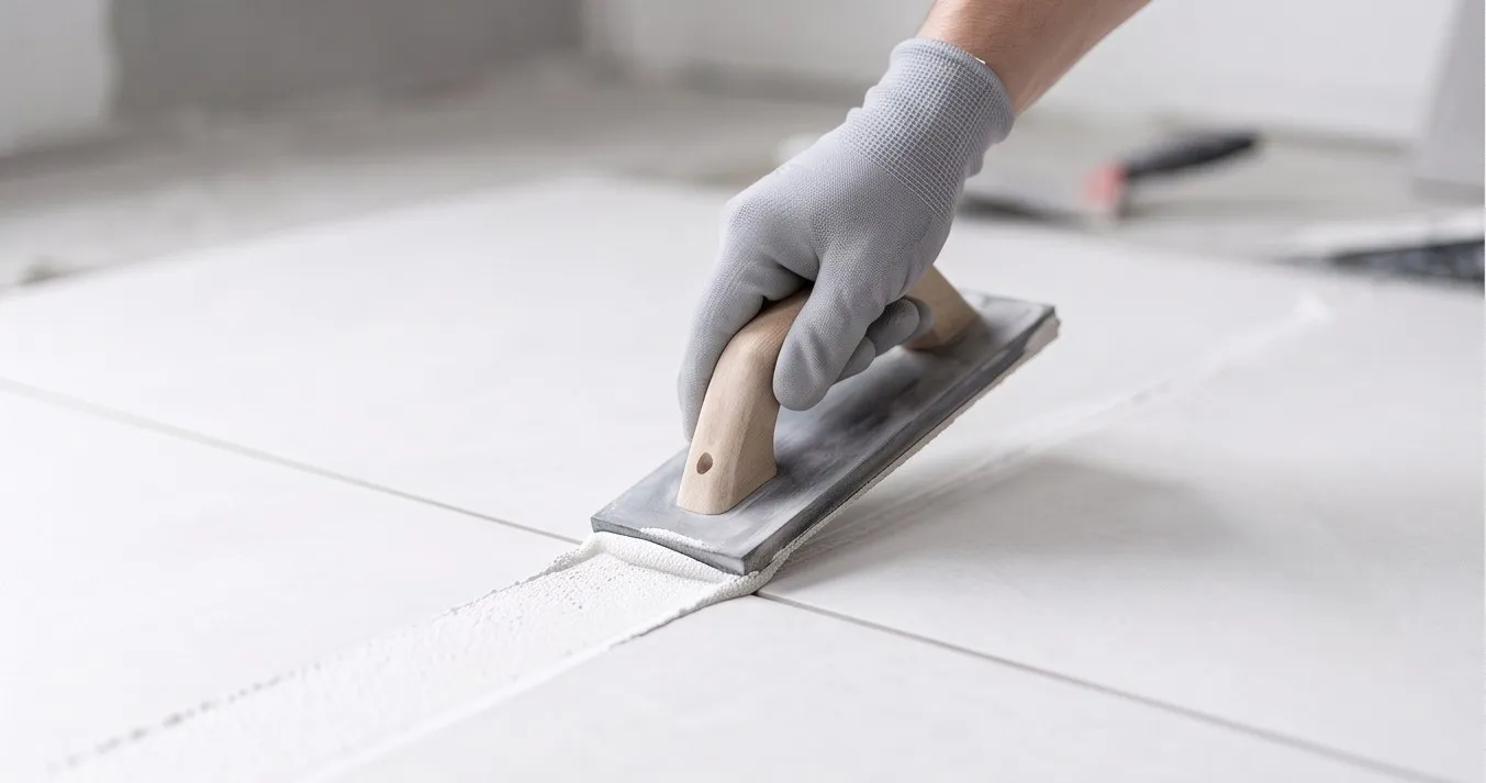 White tile grout being applied